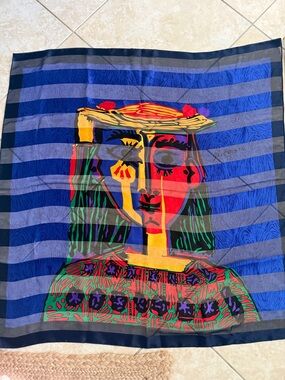 Picasso 80’s Multicolor Abstract Portrait Silk Scarf - Blue, Red, Yellow, Green